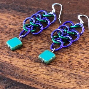 Chain Maille Earrings Purple & Green Long Dangle Earrings image 2
