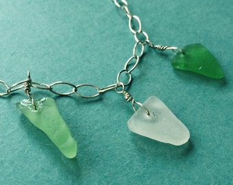 Three Color Sea Glass Necklace With Sterling Silver Chain 16" Green White Aqua Chesapeake Bay Beach Sea Glass Maryland