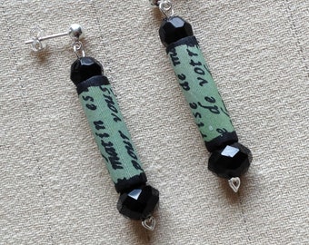 Green and Black Earrings with French Writing Script on Sterling Silver Post Fabric Crystal