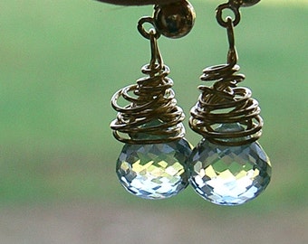 Faceted Cut Green Quartz Teardrop Earrings with 14K Gold Filled Wire Wrap on posts