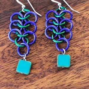 Chain Maille Earrings Purple & Green Long Dangle Earrings image 1