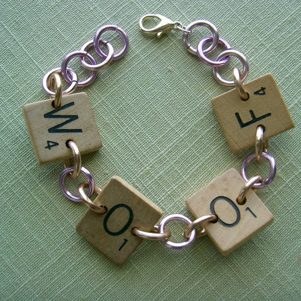 Scrabble Tile Bracelet Woof with Purple and Copper Aluminum Rings Handpainted Dog Paws Upcycled Recycled Game Pieces Adjustable