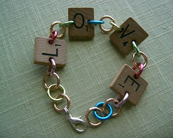 Scrabble Tile Bracelet LOVE with Multi Color Aluminum Rings Handpainted Flowers Hearts Upcycled Recycled Game Pieces Adjustable