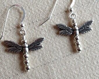 Sterling Silver Beaded Dragonfly Earrings with Pewter Wings Nature Bug Garden Flower