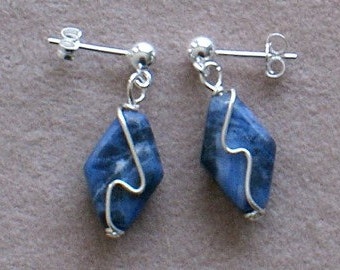 Sodalite Gemstone Earrings with Sterling Silver Wire Twist