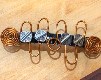 Wire Wrapped Hair Barrette With Silver Beads and Copper & Black Wire