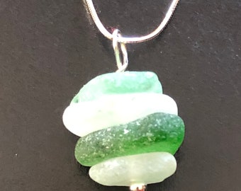 Multi Piece Sea Glass Pendant in Green, Aqua, White With Sterling Silver Adjustable Chain Chesapeake Bay Beach Sea Glass Maryland