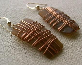 Brown Sea Glass Earrings With Copper Wire Wrap 14K Gold Filled French Hooks Chesapeake Bay Beach Sea Glass Maryland