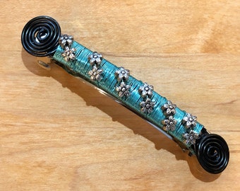 Wire Wrapped Hair Barrette Aqua and Black With Silver Flower Beads