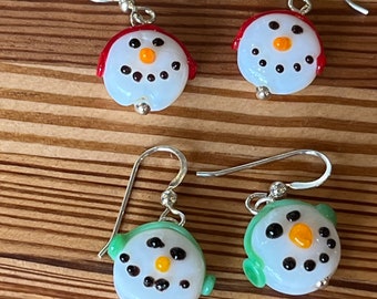 Glass Snowman earrings with sterling silver earring hooks holiday earrings