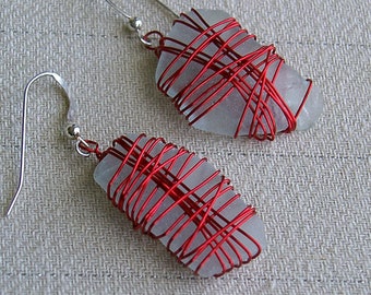 White Sea Glass Earrings With Red Wire Wrap Sterling Silver French Hooks Chesapeake Bay Beach Sea Glass Maryland