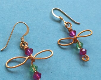 Handmade Dragonfly Earrings with Swarovski Crystals 14k Gold Filled French Hooks Nature Garden Whimsical Fairy