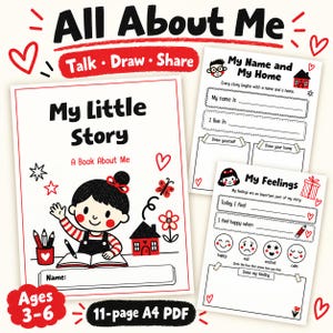 Op de afbeelding: Een 11-pagina tellend A4 PDF-activiteitenboek getiteld All About Me, My Little Story, My Name and My Home en My Feelings. De pagina's bevatten zwart-rode lijntekeningen van een schrijvend kind, een huis, hartjes en opdrachten voor kinderen van 3-6 jaar.