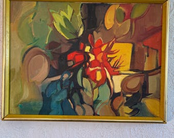 Kubist, versandkostenfrei, nach Pablo Picasso, mid century modern, teilweise signiert, Blumen, gerahmt