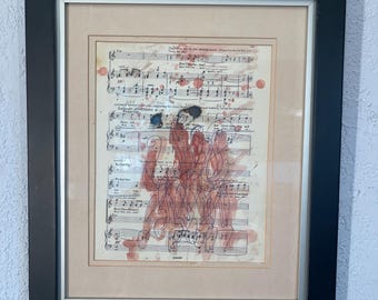 Purvis Young, kostenloser Versand, Kunstwerk, auf Notenblatt, doppelseitig, unsigniert, COA, 41 x 34 x 18 cm, gerahmt, ungerahmt 26 x 20 cm.