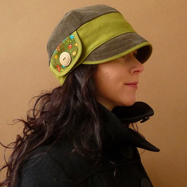 an Upcycled 'sequoia greens' Kinn Jones hat - S,M or L : stiffened with an upcycled curtain.....(MADE TO ORDER)