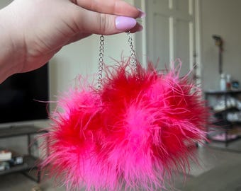 Red Pink Marabou Fluff Earrings, Valentines Day Accessories, Fluffy Feather Earrings, Festival Accessories, Pom Pom, Vibrant Jewelery