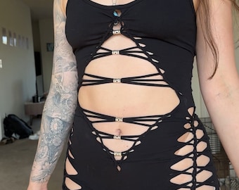 Kombinezon Tech Noir Slit Weave, ręcznie robiony strój na imprezę, strój festiwalowy, strój do tańca EDM