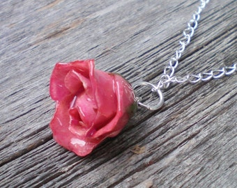 REAL Delicate Pink ROSE BUD Pendant Adjustable Sterling Curb Chain Necklace