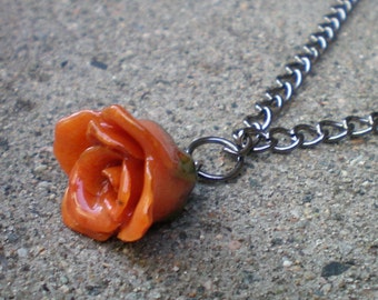 REAL Delicate Orange ROSE BUD Adjustable Gun Metal or Sterling Silver Chain Necklace