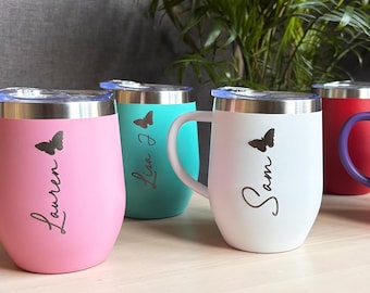 Personalised Travel Mug with Handle and Lid Gift Custom Name Stainless Insulated coffee cup  | 12oz Laser Engraved Tumbler