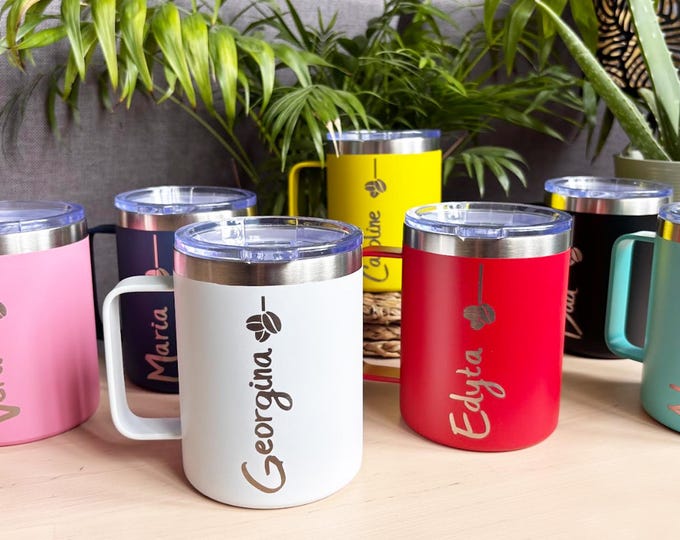 Personalised Travel Mug with Handle and Lid Gift Custom Name, Stainless Steel Insulated mug, Permanent vinyl or Laser Engrave