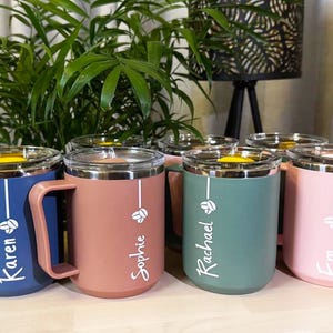 Personalised Travel Mug with Handle and Lid Gift with Custom Name Stainless Steel Interior Permanent vinyl or Laser Engrave