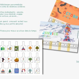 Peut inclure: Ensemble de calendriers imprimables et d'étiquettes d'événements. Les calendriers présentent les mois de janvier et octobre, avec des illustrations d'Halloween et de bonhomme de neige. Les étiquettes d'événements ont diverses illustrations, dont des gâteaux, des arbres et des voitures.