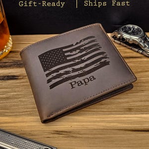Cartera personalizada para papá, billetera de cuero personalizada, bandera estadounidense grabada, regalo para él, Día del Padre, regalo de cumpleaños para su esposo militar.