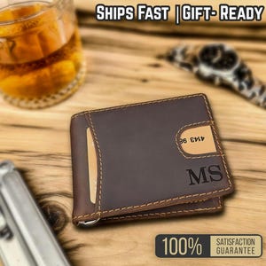 Billetera con clip para billetes, billetera personalizada para hombre, billetera de cuero con clip para billetes, billetera delgada personalizada, regalo de aniversario para el esposo, regalo para papá, delgada, de grano completo