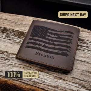 Cartera personalizada para veteranos, cartera de cuero genuino para hombres, regalos con la bandera estadounidense para veteranos, cartera plegable premium para militares.