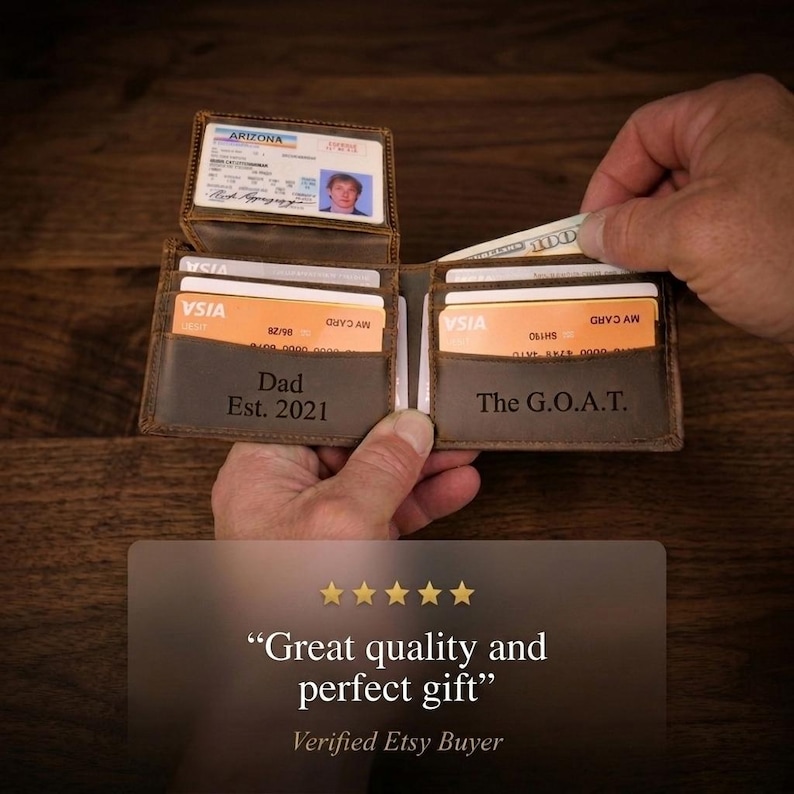 Engraved Premium Leather Wallet - Personalized Bifold RFID Wallet - Best Selling Gift For Men - Ships Fast image 7