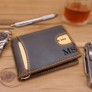 Billetera con clip para billetes personalizada, regalo de aniversario para él, billetera de cuero plegable con clip para billetes para novio, regalo para padrinos de boda, regalo personalizado para hombre