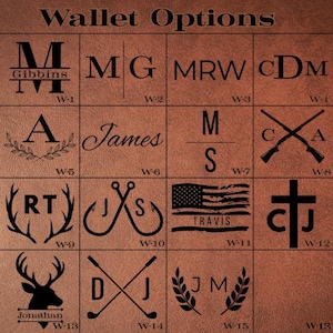 May include: A brown leather grid displaying sixteen distinct black laser-engraved monogram and graphic options labeled Wallet Options. Designs include initials, names, crossed rifles, fishing hooks, a flag, a cross, antlers, and golf clubs.
