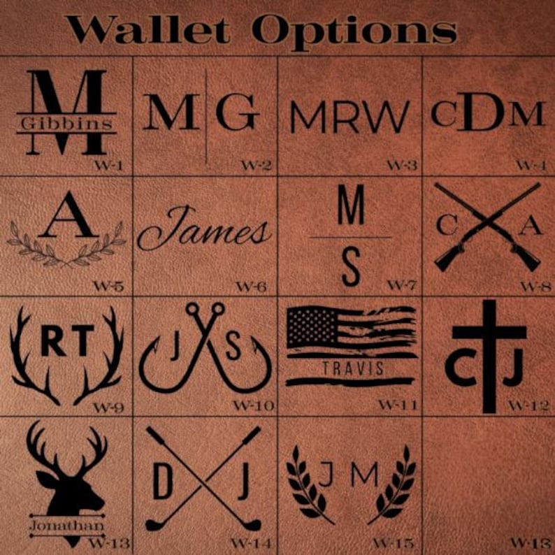 May include: A brown leather grid displaying sixteen distinct black laser-engraved monogram and graphic options labeled Wallet Options. Designs include initials, names, crossed rifles, fishing hooks, a flag, a cross, antlers, and golf clubs.