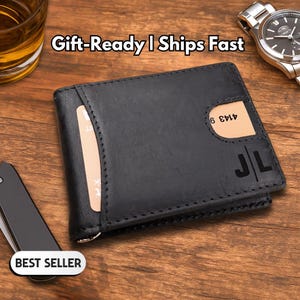 Billetera personalizada con clip para billetes para papá, billetera de cuero personalizada, regalo para hombre, billetera delgada negra, regalo para el Día del Padre, clip para billetes con RFID grabado.