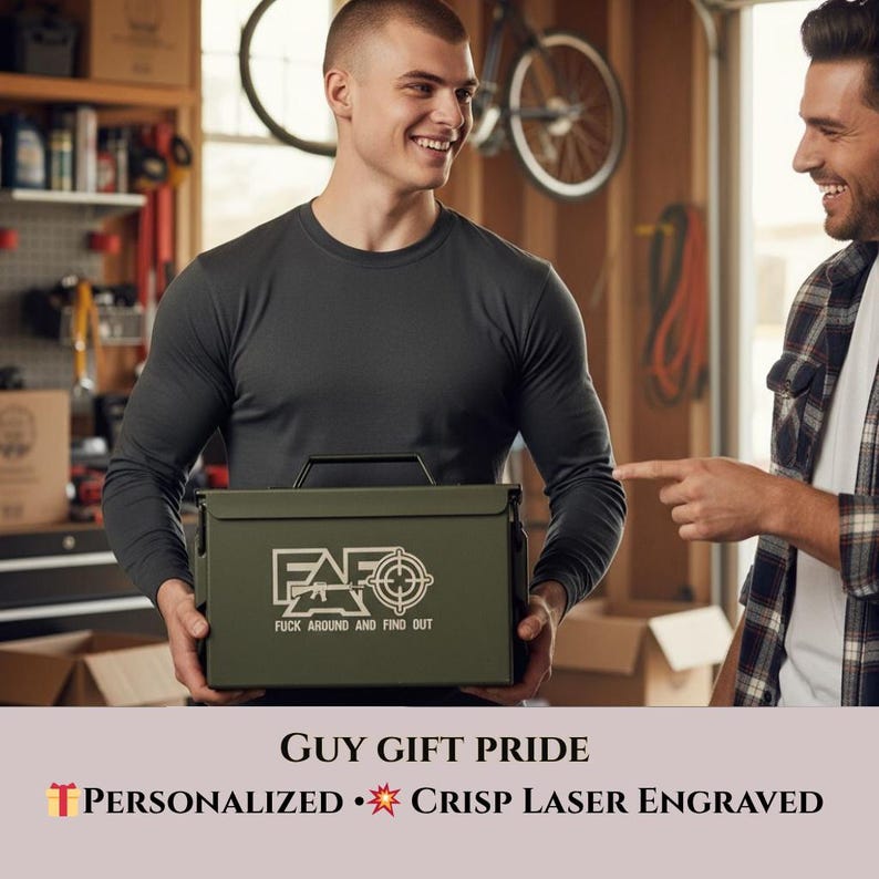 May include: An olive green metal ammunition box featuring a laser-engraved graphic of a rifle silhouette inside a target reticle with the text FAF and FUCK AROUND AND FIND OUT printed in white lettering on the front face of the storage container.
