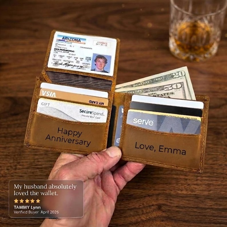 Engraved Premium Leather Wallet - Personalized Bifold RFID Wallet - Best Selling Gift For Men - Ships Fast image 2