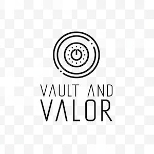 May include: Black and white logo featuring a circular design with a central dial and dotted details, above the words "VAULT AND VALOR" in a sans-serif font. The logo is set against a transparent background.
