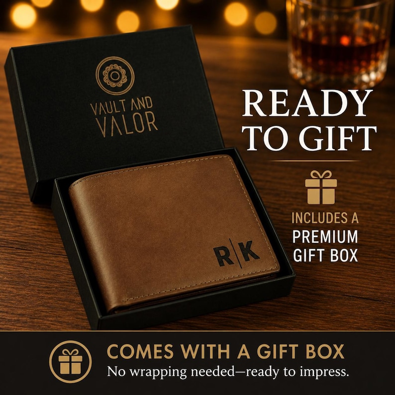 May include: A brown leather bifold wallet featuring the initials RK embossed on the front, presented inside a black gift box labeled with the Vault and Valor logo. The text READY TO GIFT and INCLUDES A PREMIUM GIFT BOX is visible nearby.