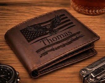 Engraved American Flag Wallet - Personalized Leather Wallet for Vet - Patriotic Gift For Him - Ships Fast