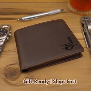 Cartera de cuero para hombre, billetera plegable personalizada grabada con iniciales, regalo de aniversario para esposo, regalo de cumpleaños para papá, regalo personalizado para él