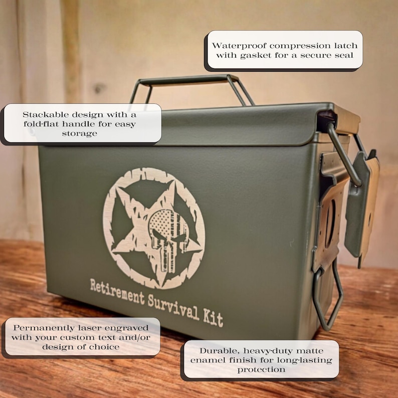 May include: An olive green metal ammunition box featuring a laser-engraved graphic of a star with a skull and American flag pattern. The text reads Retirement Survival Kit. It includes a fold-flat handle, a waterproof compression latch with a gasket.