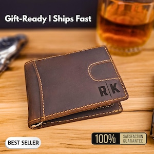 Billetera de cuero grabada con clip para billetes para hombre. Personalizada, delgada, plegable, con iniciales o mensaje. Regalo para él, papá, esposo, padrino, día del padre.