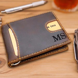 Billetera con clip para billetes personalizada, regalo de aniversario para él, billetera de cuero plegable con clip para billetes para novio, regalo para padrinos de boda, regalo personalizado para hombre