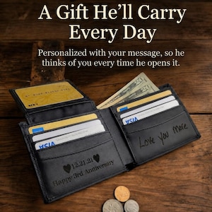 May include: A black bifold wallet with multiple card slots and a clear ID window. The interior features laser-engraved text reading Love you more, 12.21.21, and Happy 3rd Anniversary with heart icons. US currency and various cards are inserted.
