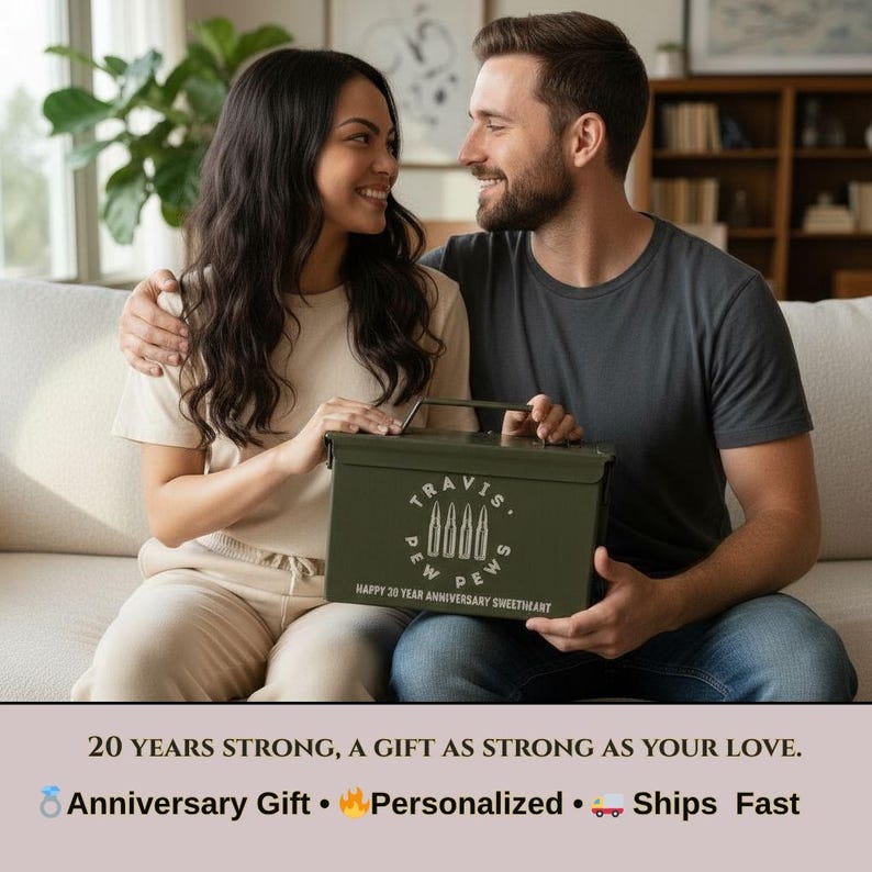 May include: An olive green metal ammunition box featuring a white graphic of four bullets arranged in a circle with the text "TRAVIS PEW PEWS" and "HAPPY 30 YEAR ANNIVERSARY SWEETHEART" printed on the front, equipped with a top carrying handle.