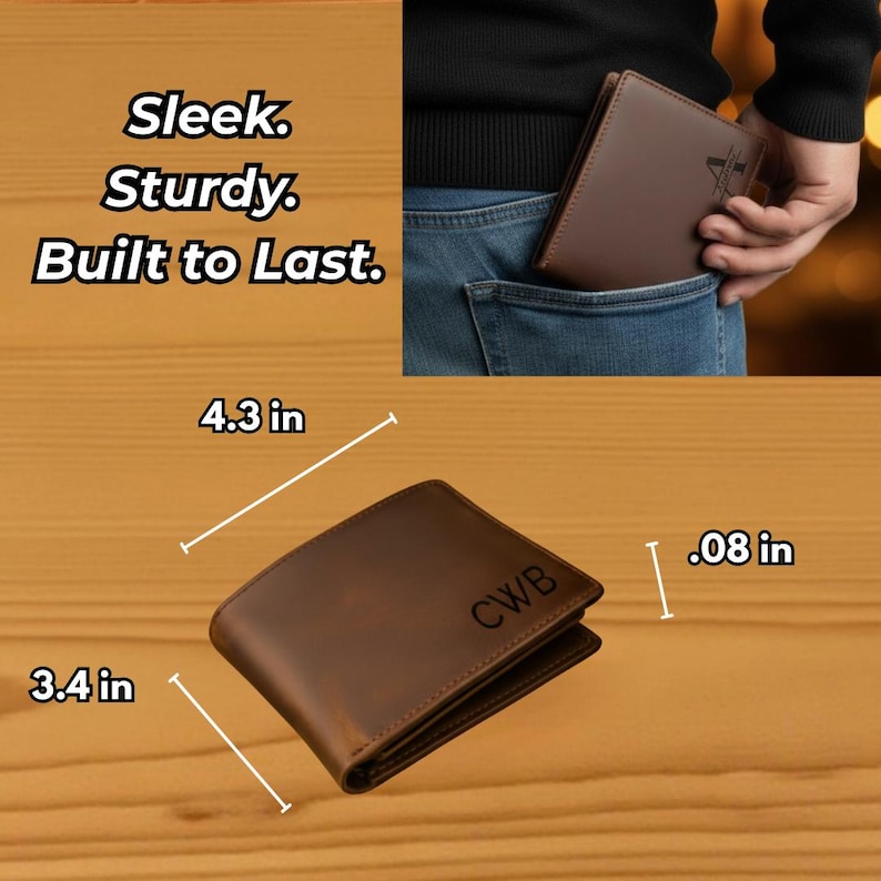May include: A brown leather wallet with the initials CWB engraved on the front. The wallet measures 4.3 inches by 3.4 inches with a thickness of 0.08 inches. Text on the image reads: Sleek. Sturdy. Built to Last.