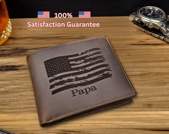 Personalized Wallet for Dad Custom Leather Wallet Engraved American Flag Gift for Him Fathers Day Military Husband Birthday Present