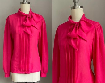 Vintage 1970's Semi Sheer Fuchsia Pink Side Tie Bow Blouse Size Medium
